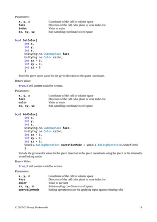 © 2015-21 Ronny Burkersroda 19
Parameters:
x, y, z Coordinate of the cell in volume space
face Direction of the cell cube plane to store index for
index Value to write
sx, sy, sz Sub-sampling coordinate in cell space
bool SetColor(
int x,
int y,
int z,
UnityEngine.CubemapFace face,
UnityEngine.Color color,
int sx = 0,
int sy = 0,
int sz = 0
)
Store the given color value for the given direction to the given coordinate.
Return Value:
true, if cell content could be written.
Parameters:
x, y, z Coordinate of the cell in volume space
face Direction of the cell cube plane to store index for
color Value to write
sx, sy, sz Sub-sampling coordinate in cell space
bool AddColor(
int x,
int y,
int z,
UnityEngine.CubemapFace face,
UnityEngine.Color color,
int sx = 0,
int sy = 0,
int sz = 0,
Voxels.BakingOperation operationMode = Voxels.BakingOperation.Undefined
)
Include the given color value for the given direction to the given coordinate using the given or the internally
stored baking mode.
Return Value:
true, if cell content could be written.
Parameters:
x, y, z Coordinate of the cell in volume space
face Direction of the cell cube plane to store index for
color Value to account
sx, sy, sz Sub-sampling coordinate in cell space
operationMode Baking operation to use for applying input against existing color
 