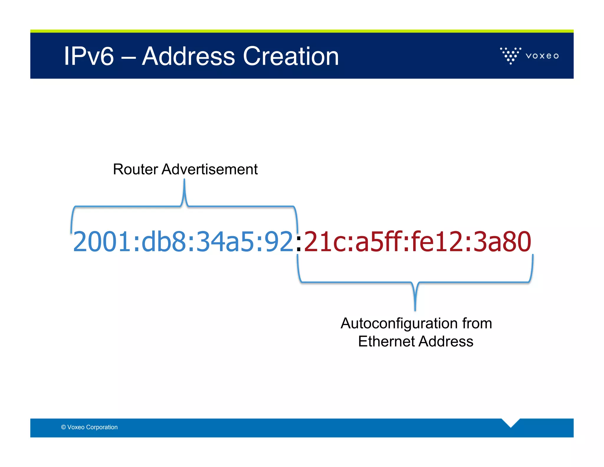 IPv6 – Address Creation!



                 Router Advertisement




   2001:db8:34a5:92:21c:a5ff:fe12:3a80

                                        Autoconfiguration from
                                          Ethernet Address




© Voxeo Corporation
 