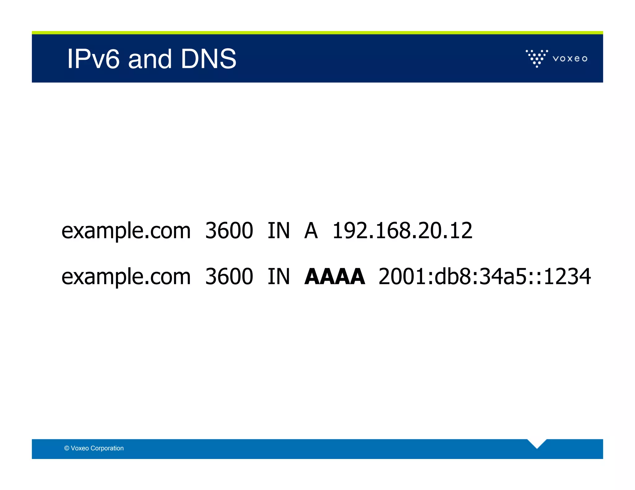 IPv6 and DNS!




example.com 3600 IN A 192.168.20.12

example.com 3600 IN AAAA 2001:db8:34a5::1234




© Voxeo Corporation
 
