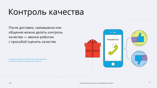2015 Автоматизация процесса заказа, подтверждения и доставки
12
Контроль качества
После доставки, самовывоза или
общения можно делать контроль
качества — звонки роботом
с просьбой оценить качество
Разгрузка колл-центра на 80% при обзвоне роботом.
Стоимость процесса сократится до 2 руб/мин.
 