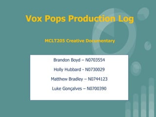 Vox Pops Production Log
MCLT205 Creative Documentary
Brandon Boyd – N0703554
Holly Hubbard - N0730029
Matthew Bradley – N0744123
Luke Gonçalves – N0700390
 