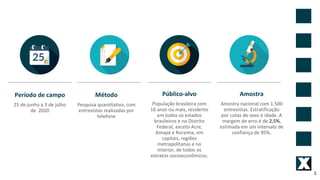 3
Período de campo
25 de junho a 3 de julho
de 2020
Método
Pesquisa quantitativa, com
entrevistas realizadas por
telefone
...