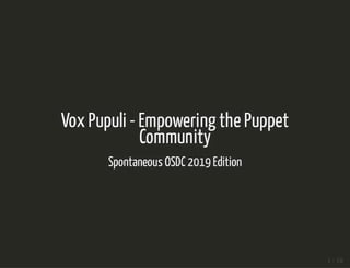 5/14/2019 Vox Pupuli - Empowering the Puppet Community - Tim Meusel
localhost:8082/#18 1/18
Vox Pupuli - Empowering the PuppetVox Pupuli - Empowering the Puppet
CommunityCommunity
Spontaneous OSDC 2019 EditionSpontaneous OSDC 2019 Edition
1 / 181 / 18
 