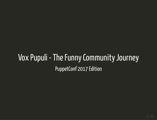 Vox Pupuli - The FunnyCommunityJourney
PuppetConf2017 Edition
1 / 31
 