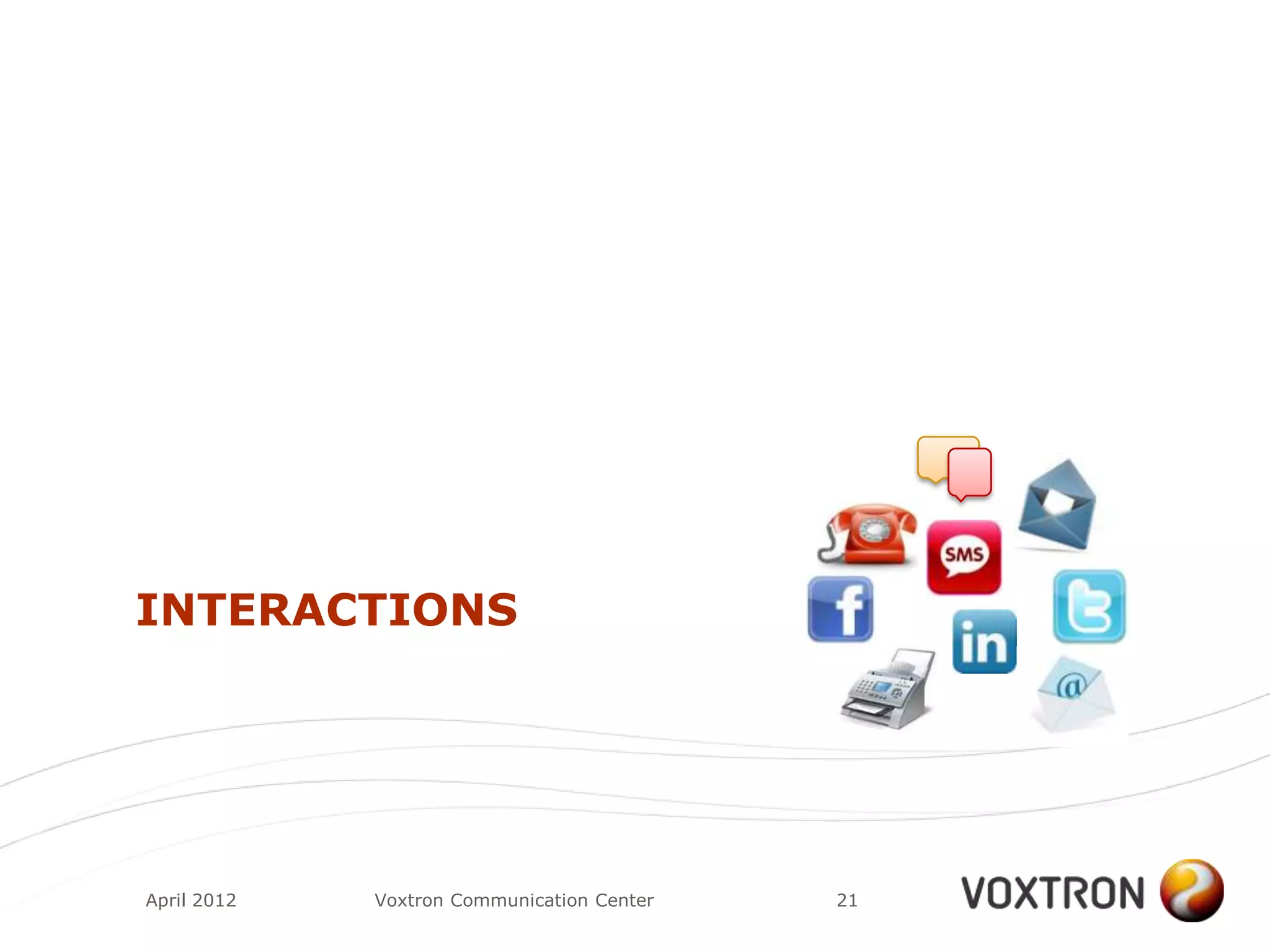 INTERACTIONS




April 2012   Voxtron Communication Center   21
 