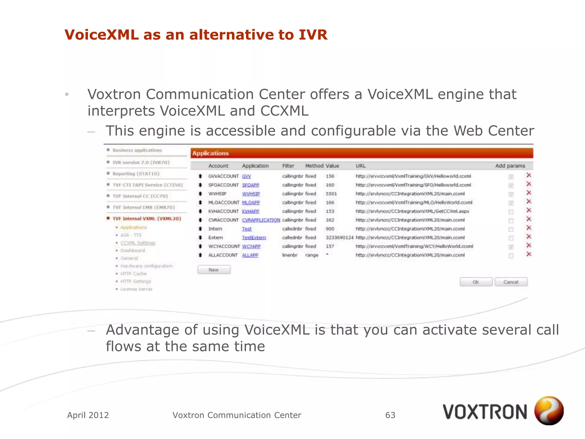 VoiceXML as an alternative to IVR



•   Voxtron Communication Center offers a VoiceXML engine that
    interprets VoiceXML and CCXML
    – This engine is accessible and configurable via the Web Center




    – Advantage of using VoiceXML is that you can activate several call
      flows at the same time



April 2012      Voxtron Communication Center   63
 