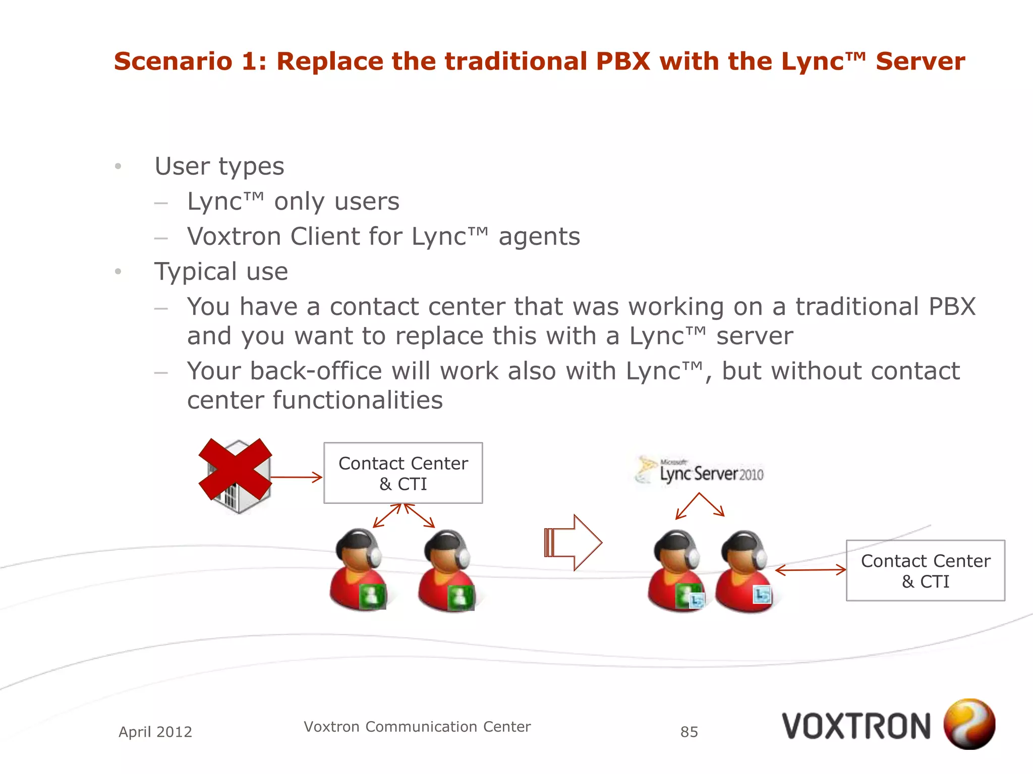 Scenario 1: Replace the traditional PBX with the Lync™ Server



•   User types
    – Lync™ only users
    – Voxtron Client for Lync™ agents
•   Typical use
    – You have a contact center that was working on a traditional PBX
      and you want to replace this with a Lync™ server
    – Your back-office will work also with Lync™, but without contact
      center functionalities

                   Contact Center
                       & CTI



                                                           Contact Center
                                                               & CTI




April 2012     Voxtron Communication Center   85
 