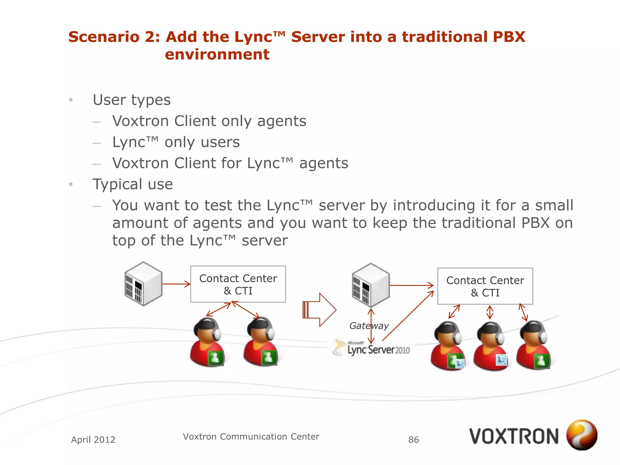 Scenario 2: Add the Lync™ Server into a traditional PBX
            environment


•   User types
    – Voxtron Client only agents
    – Lync™ only users
    – Voxtron Client for Lync™ agents
•   Typical use
    – You want to test the Lync™ server by introducing it for a small
      amount of agents and you want to keep the traditional PBX on
      top of the Lync™ server

                   Contact Center                             Contact Center
                       & CTI                                      & CTI


                                               Gateway




April 2012      Voxtron Communication Center             86
 