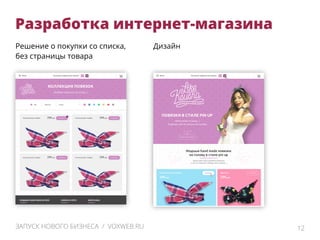 Разработка интернет-магазина
12ЗАПУСК НОВОГО БИЗНЕСА / VOXWEB.RU
Решение о покупки со списка,
без страницы товара
Дизайн
 