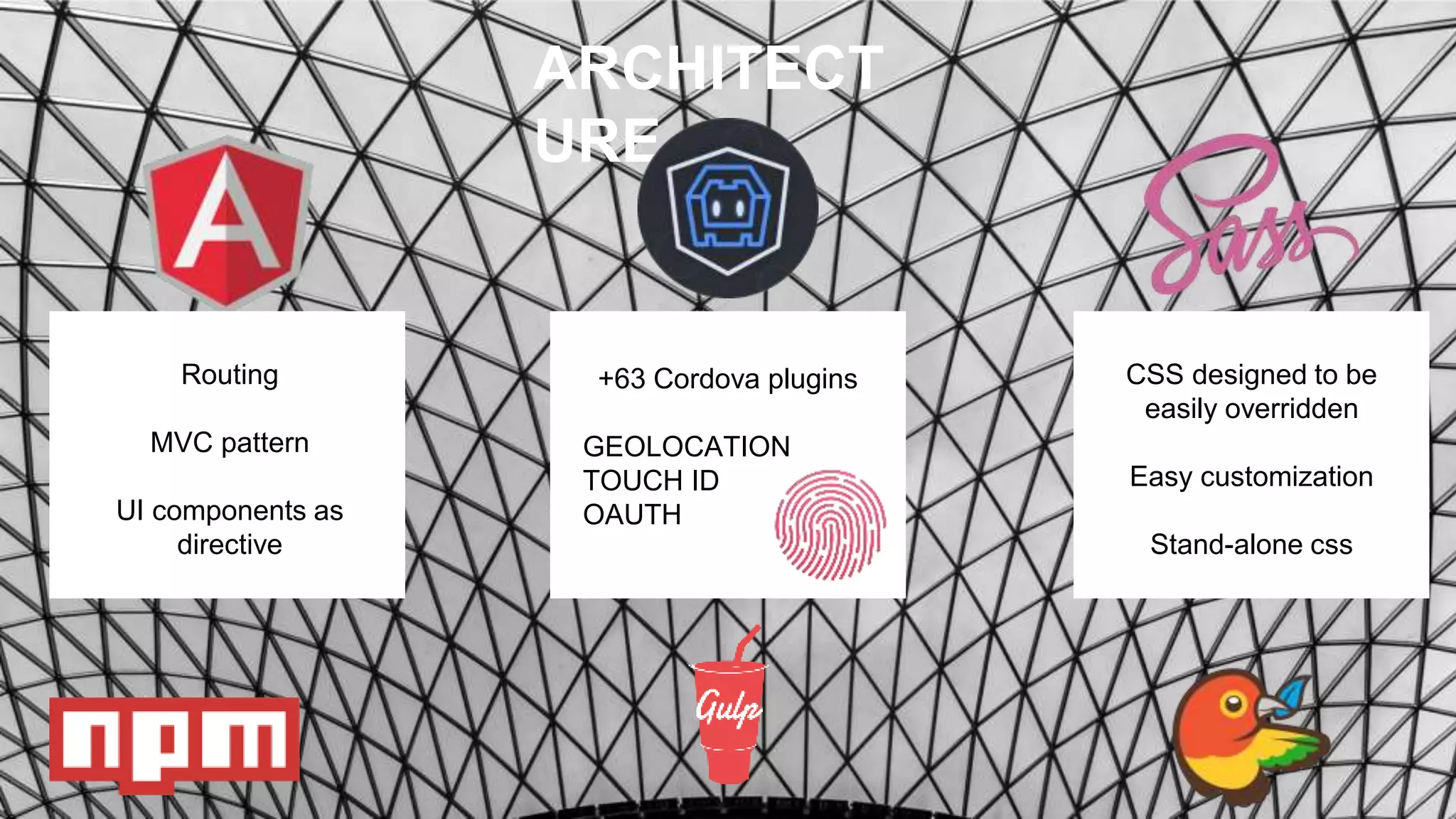 ARCHITECT
URE
Routing
MVC pattern
UI components as
directive
+63 Cordova plugins
GEOLOCATION
TOUCH ID
OAUTH
CSS designed to be
easily overridden
Easy customization
Stand-alone css
 