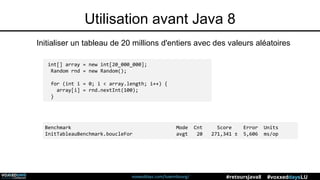 voxxeddays.com/luxembourg/ #voxxeddaysLU#retoursJava8
Utilisation avant Java 8
Initialiser un tableau de 20 millions d'entiers avec des valeurs aléatoires
int[] array = new int[20_000_000];
Random rnd = new Random();
for (int i = 0; i < array.length; i++) {
array[i] = rnd.nextInt(100);
}
Benchmark Mode Cnt Score Error Units
InitTableauBenchmark.boucleFor avgt 20 271,341 ± 5,606 ms/op
 