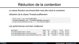 voxxeddays.com/luxembourg/ #voxxeddaysLU#retoursJava8
Réduction de la contention
La classe Random est thread-Safe mais elle induit la contention
int[] array = new int[20_000_000];
ThreadLocalRandom rnd = ThreadLocalRandom.current();
Arrays.parallelSetAll(array, i -> rnd.nextInt(100));
Utilisation de la classe ThreadLocalRandom
Les performances sont bien meilleures
Benchmark Mode Cnt Score Error Units
InitTableauBenchmark.setAll avgt 20 271,406 ± 6,411 ms/op
InitTableauBenchmark.parallelSetAll avgt 20 2172,501 ± 160,561 ms/op
InitTableauBenchmark.parallelSetAllAvecTLR avgt 20 94,822 ± 3,724 ms/op
 