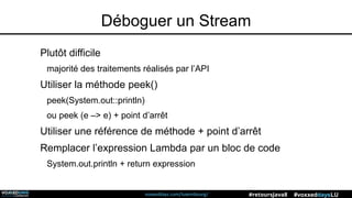 voxxeddays.com/luxembourg/ #voxxeddaysLU#retoursJava8
Déboguer un Stream
Plutôt difficile
majorité des traitements réalisés par l’API
Utiliser la méthode peek()
peek(System.out::println)
ou peek (e –> e) + point d’arrêt
Utiliser une référence de méthode + point d’arrêt
Remplacer l’expression Lambda par un bloc de code
System.out.println + return expression
 