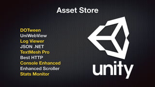 Asset Store
DOTween
UniWebView
Log Viewer
JSON .NET
TextMesh Pro
Best HTTP
Console Enhanced
Enhanced Scroller
Stats Monitor
 