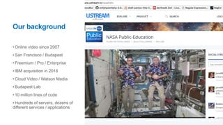 Our background
•Online video since 2007
•San Francisco / Budapest
•Freemium / Pro / Enterprise
•IBM acquisition in 2016
•Cloud Video / Watson Media
•Budapest Lab
•10 million lines of code
•Hundreds of servers, dozens of
different services / applications
 