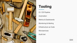 Tooling
CI / CD Pipeline
Automation
Metrics & Dashboards
Monitoring & Alerting
Infrastructure as Code
Microservices
Audit trail
 