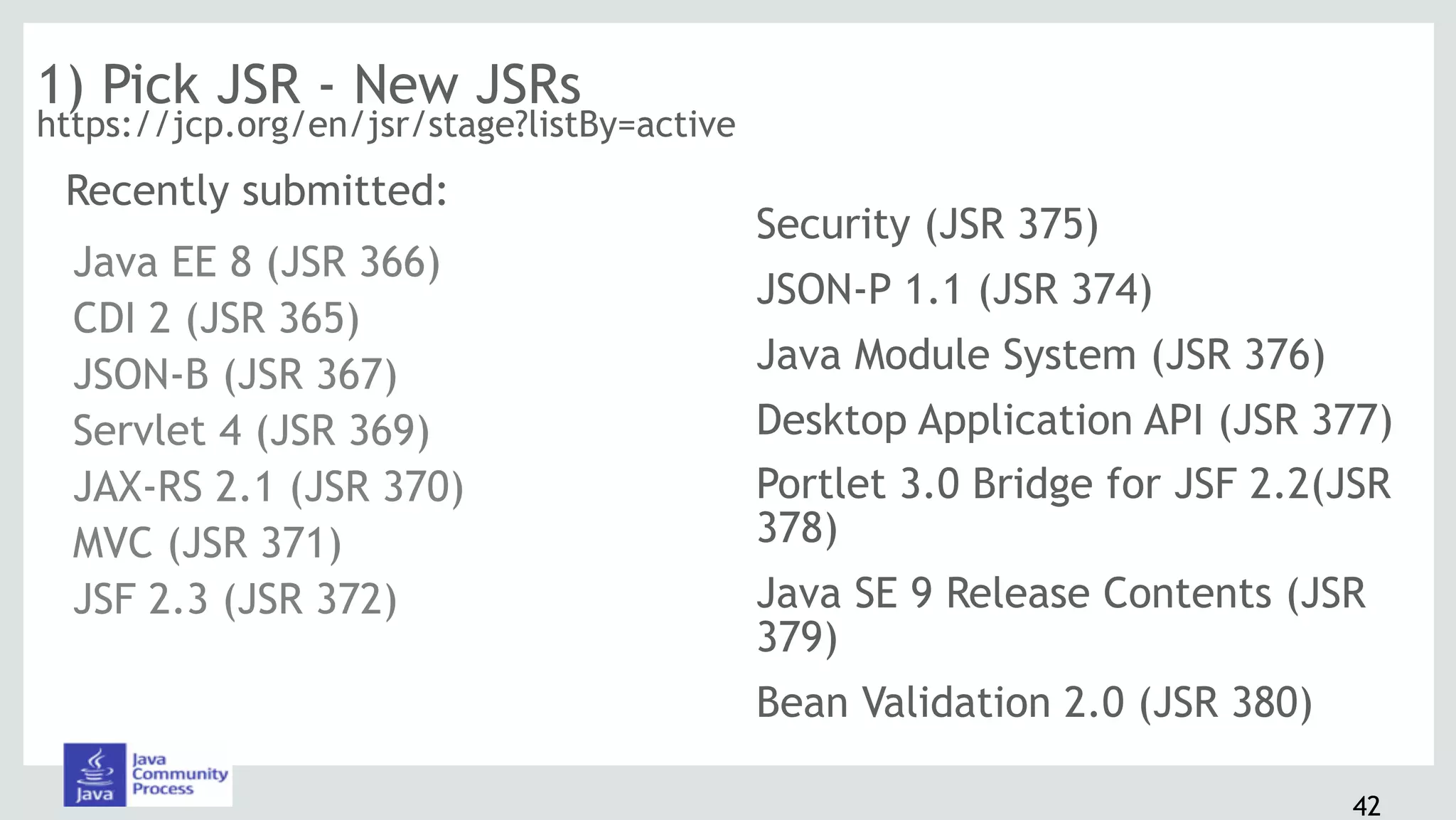 42
1) Pick JSR - New JSRs 
https://jcp.org/en/jsr/stage?listBy=active
Recently submitted:
Security (JSR 375)
JSON-P 1.1 (JSR 374)
Java Module System (JSR 376)
Desktop Application API (JSR 377)
Portlet 3.0 Bridge for JSF 2.2(JSR
378)
Java SE 9 Release Contents (JSR
379)
Bean Validation 2.0 (JSR 380)
Java EE 8 (JSR 366)
CDI 2 (JSR 365)
JSON-B (JSR 367)
Servlet 4 (JSR 369)
JAX-RS 2.1 (JSR 370)
MVC (JSR 371)
JSF 2.3 (JSR 372)
 