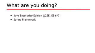 What are you doing?
• Java Enterprise Edition (J2EE, EE 6/7)
• Spring Framework
 