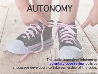 The social incentives inherent in
voluntary code review policies
encourage developers to take ownership of the code.
AUTONOMY
http://alysonschafer.com/wp-content/uploads/2014/08/autonomy_makes_children_more_responsible.jpg
 