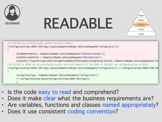 READABLE
•  Is the code easy to read and comprehend?
•  Does it make clear what the business requirements are?
•  Are variables, functions and classes named appropriately?
•  Does it use consistent coding convention?
reviewer
 