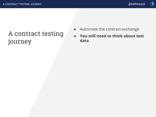 A contract testing
journey
● Automate the contract exchange
● You still need to think about test
data
A CONTRACT TESTING J...