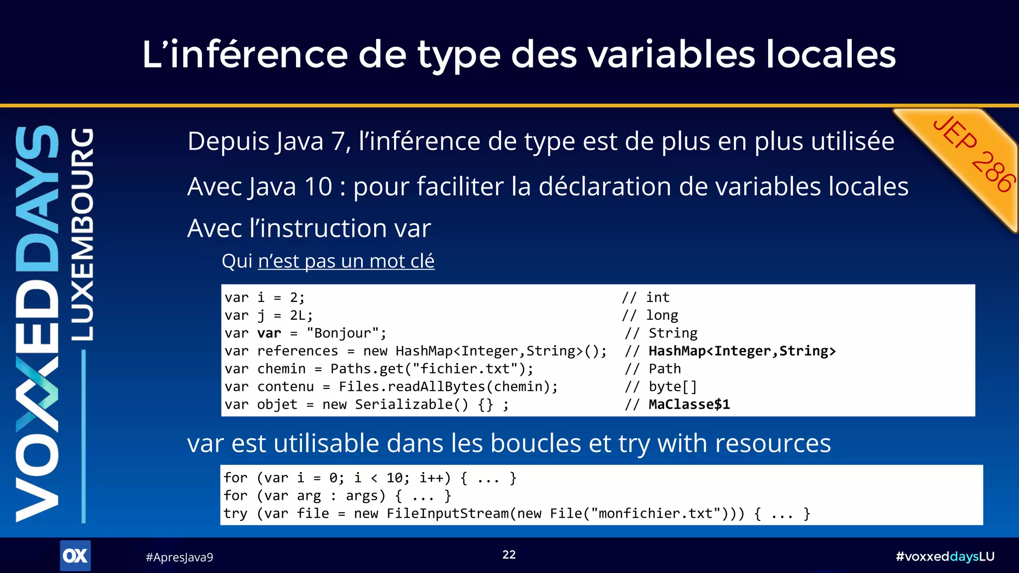 #ApresJava9#ApresJava9 #voxxeddaysLU22
Depuis Java 7, l’inférence de type est de plus en plus utilisée
L’inférence de type des variables locales
Avec Java 10 : pour faciliter la déclaration de variables locales
var i = 2; // int
var j = 2L; // long
var var = "Bonjour"; // String
var references = new HashMap<Integer,String>(); // HashMap<Integer,String>
var chemin = Paths.get("fichier.txt"); // Path
var contenu = Files.readAllBytes(chemin); // byte[]
var objet = new Serializable() {} ; // MaClasse$1
var est utilisable dans les boucles et try with resources
for (var i = 0; i < 10; i++) { ... }
for (var arg : args) { ... }
try (var file = new FileInputStream(new File("monfichier.txt"))) { ... }
Avec l’instruction var
Qui n’est pas un mot clé
 