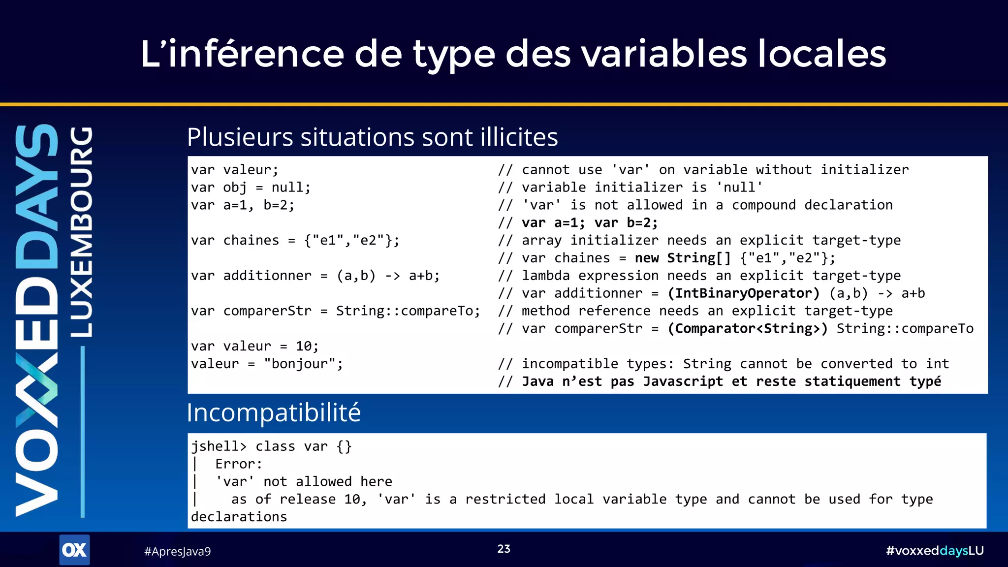 #ApresJava9#ApresJava9 #voxxeddaysLU23
L’inférence de type des variables locales
Plusieurs situations sont illicites
var valeur; // cannot use 'var' on variable without initializer
var obj = null; // variable initializer is 'null'
var a=1, b=2; // 'var' is not allowed in a compound declaration
// var a=1; var b=2;
var chaines = {"e1","e2"}; // array initializer needs an explicit target-type
// var chaines = new String[] {"e1","e2"};
var additionner = (a,b) -> a+b; // lambda expression needs an explicit target-type
// var additionner = (IntBinaryOperator) (a,b) -> a+b
var comparerStr = String::compareTo; // method reference needs an explicit target-type
// var comparerStr = (Comparator<String>) String::compareTo
var valeur = 10;
valeur = "bonjour"; // incompatible types: String cannot be converted to int
// Java n’est pas Javascript et reste statiquement typé
Incompatibilité
jshell> class var {}
| Error:
| 'var' not allowed here
| as of release 10, 'var' is a restricted local variable type and cannot be used for type
declarations
 