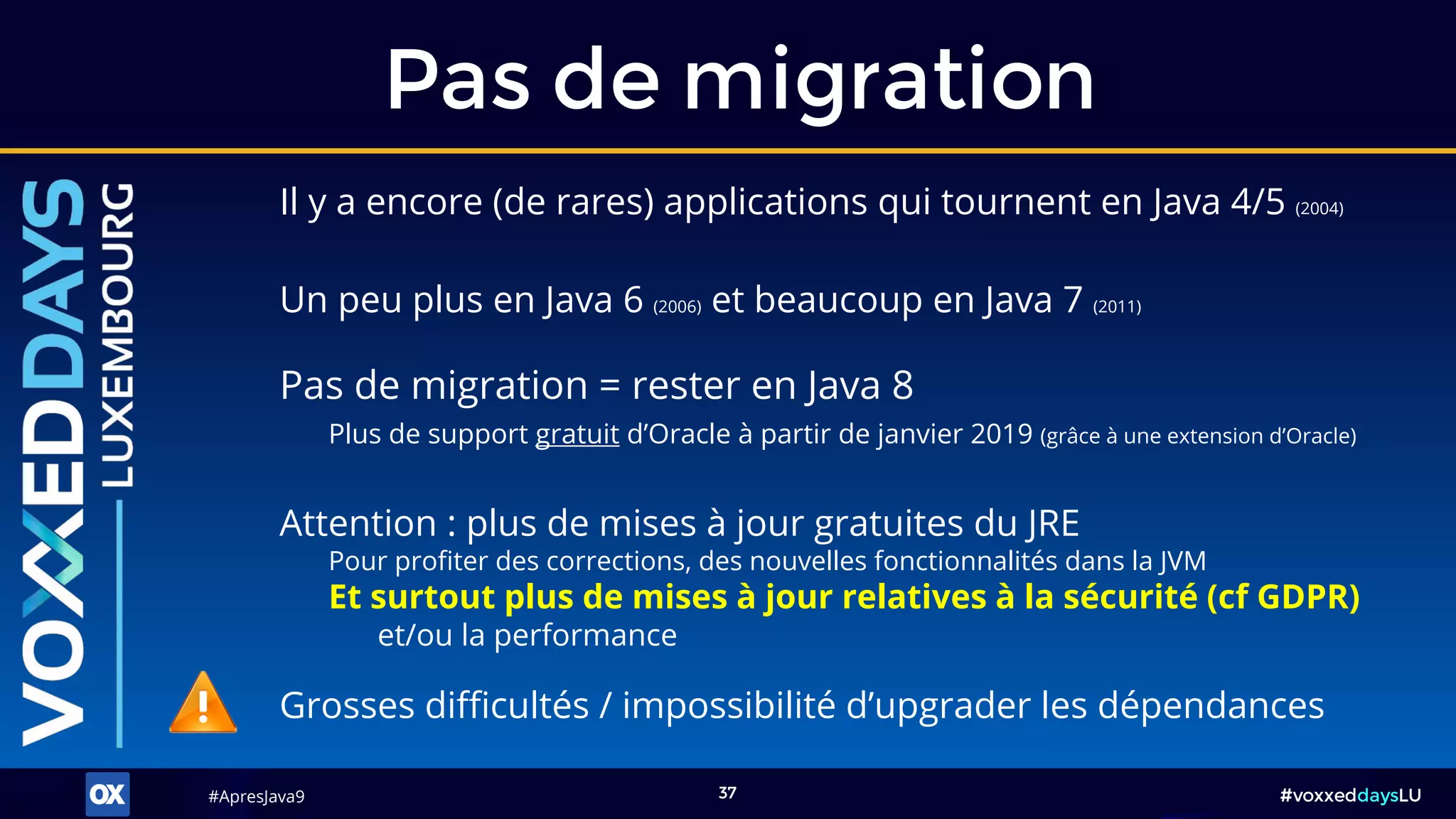#ApresJava9#ApresJava9 #voxxeddaysLU37
Il y a encore (de rares) applications qui tournent en Java 4/5 (2004)
Pas de migration
Attention : plus de mises à jour gratuites du JRE
Pour profiter des corrections, des nouvelles fonctionnalités dans la JVM
Et surtout plus de mises à jour relatives à la sécurité (cf GDPR)
et/ou la performance
Un peu plus en Java 6 (2006) et beaucoup en Java 7 (2011)
Pas de migration = rester en Java 8
Plus de support gratuit d’Oracle à partir de janvier 2019 (grâce à une extension d’Oracle)
Grosses difficultés / impossibilité d’upgrader les dépendances
 
