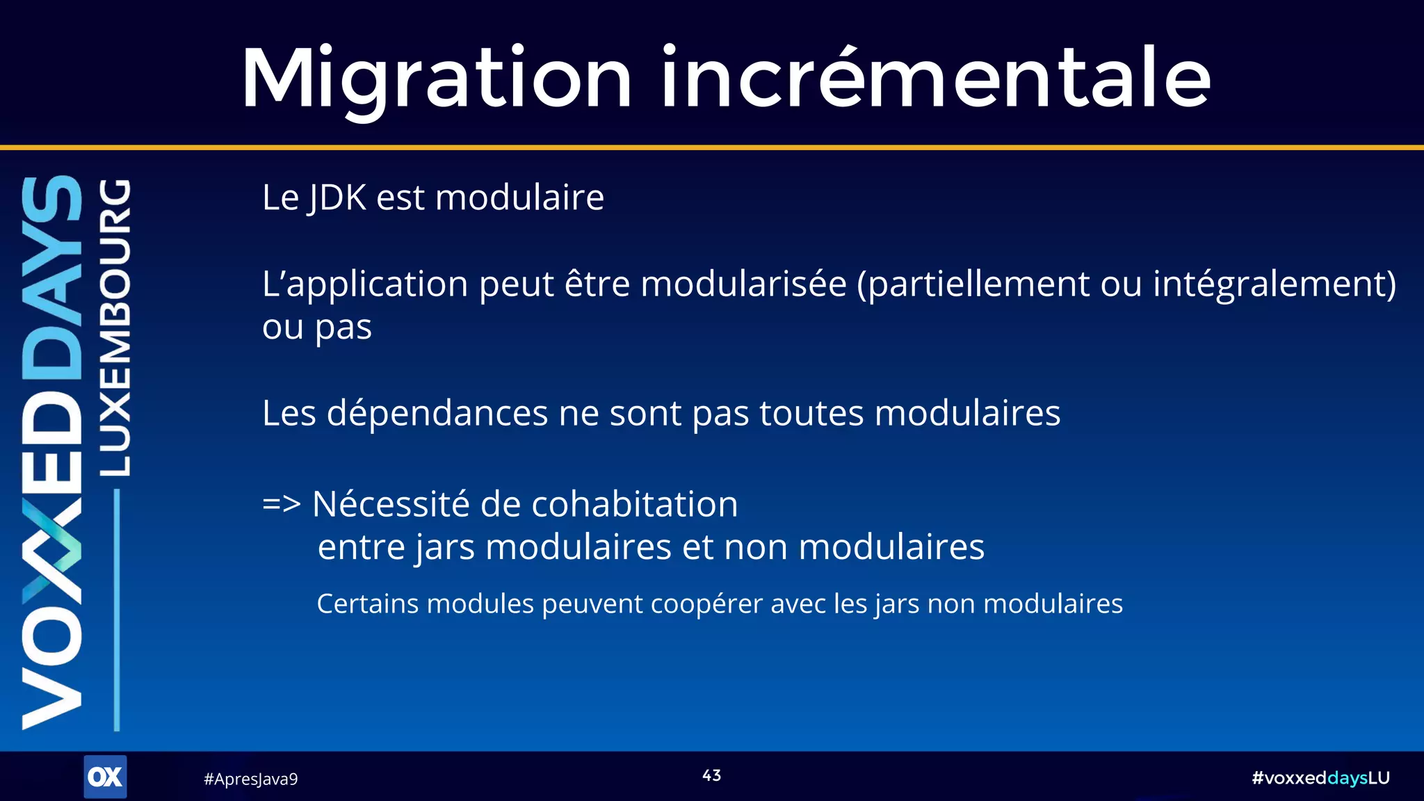 #ApresJava9#ApresJava9 #voxxeddaysLU43
Le JDK est modulaire
L’application peut être modularisée (partiellement ou intégralement)
ou pas
Les dépendances ne sont pas toutes modulaires
Migration incrémentale
Certains modules peuvent coopérer avec les jars non modulaires
=> Nécessité de cohabitation
entre jars modulaires et non modulaires
 