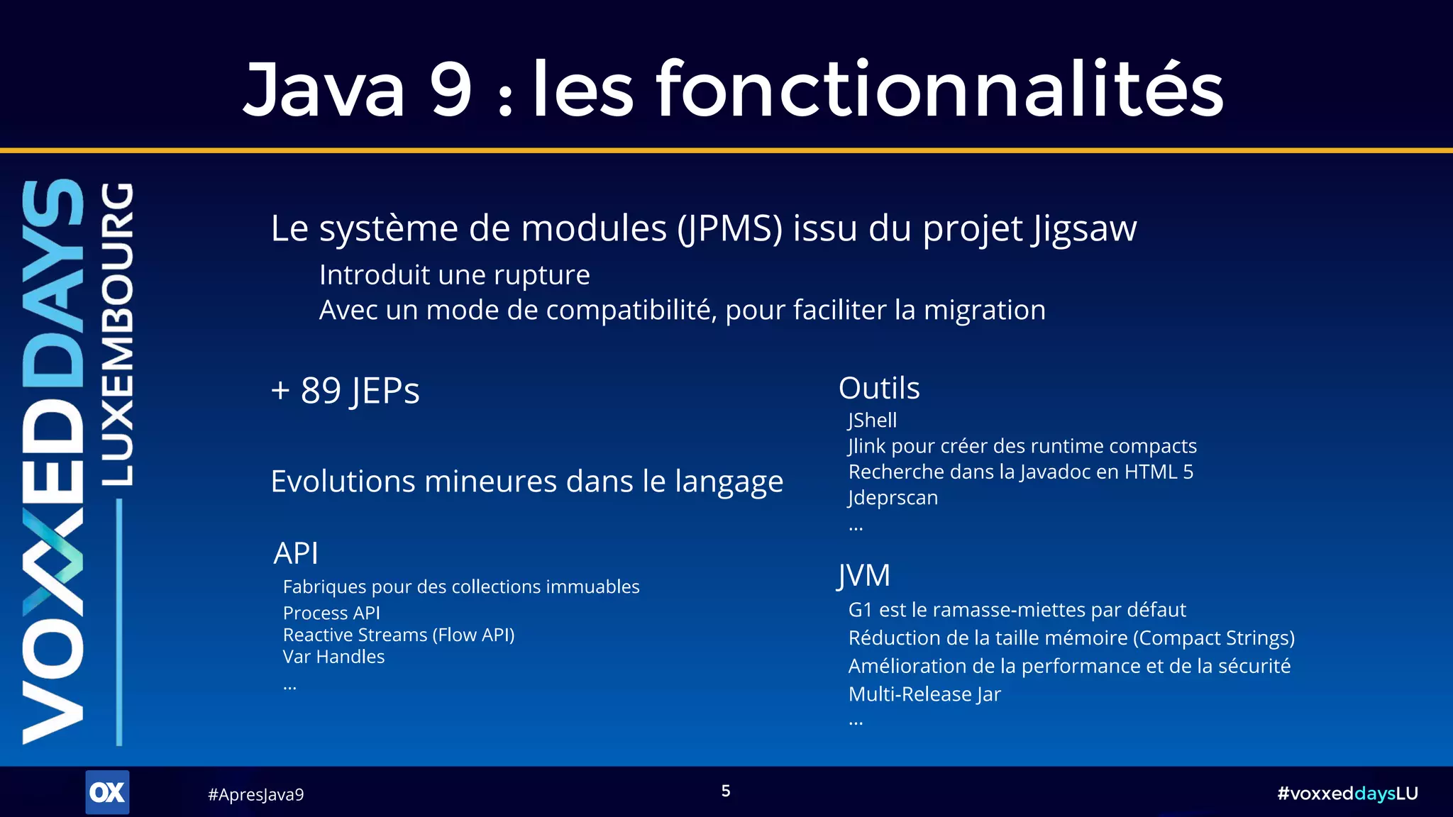 #ApresJava9#ApresJava9 #voxxeddaysLU5
Java 9 : les fonctionnalités
API
Fabriques pour des collections immuables
Process API
Reactive Streams (Flow API)
Var Handles
…
Le système de modules (JPMS) issu du projet Jigsaw
Introduit une rupture
Avec un mode de compatibilité, pour faciliter la migration
Evolutions mineures dans le langage
Outils
JShell
Jlink pour créer des runtime compacts
Recherche dans la Javadoc en HTML 5
Jdeprscan
…
JVM
G1 est le ramasse-miettes par défaut
Réduction de la taille mémoire (Compact Strings)
Amélioration de la performance et de la sécurité
Multi-Release Jar
…
+ 89 JEPs
 