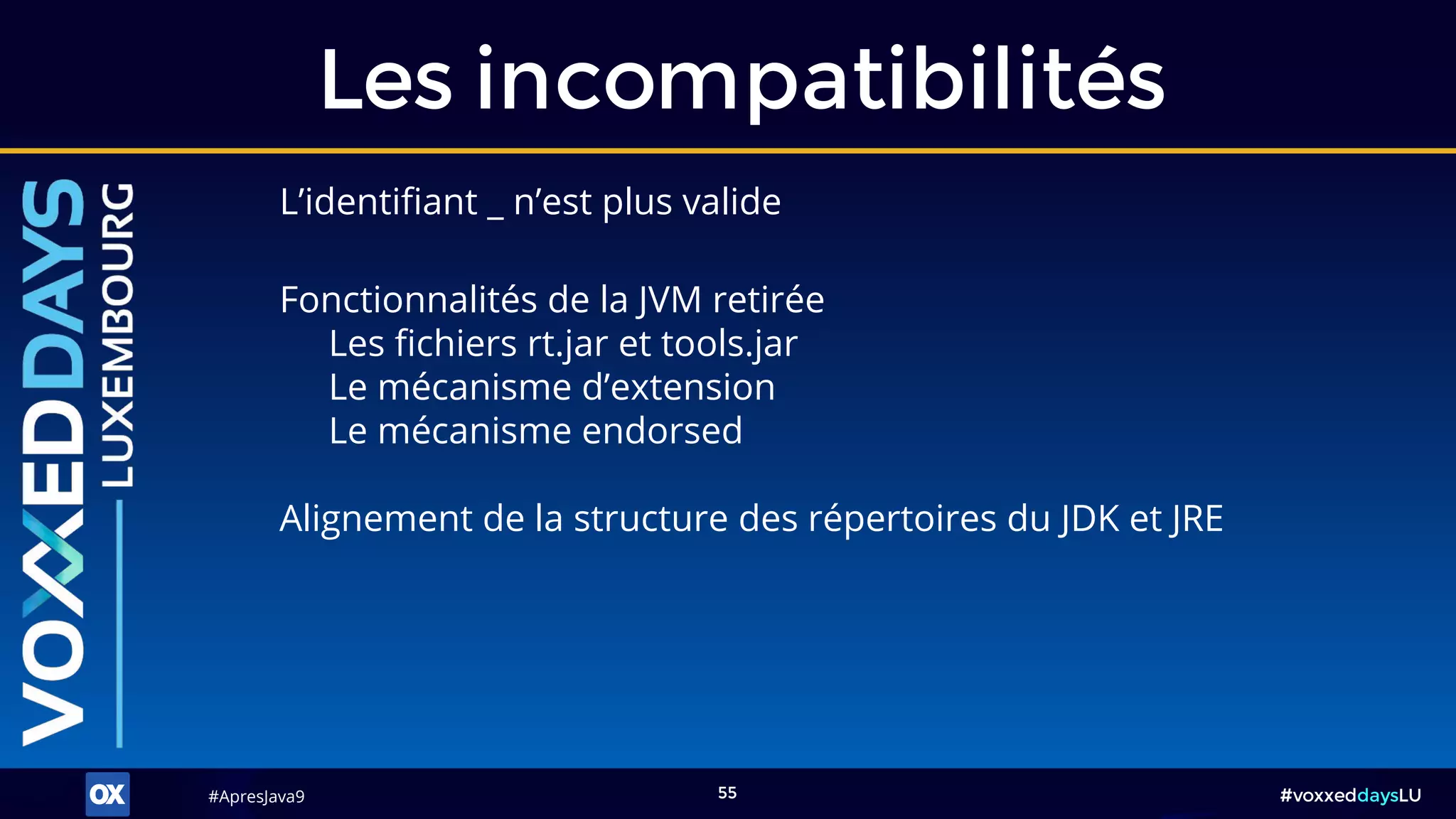 #ApresJava9#ApresJava9 #voxxeddaysLU55
L’identifiant _ n’est plus valide
Les incompatibilités
Alignement de la structure des répertoires du JDK et JRE
Fonctionnalités de la JVM retirée
Les fichiers rt.jar et tools.jar
Le mécanisme d’extension
Le mécanisme endorsed
 