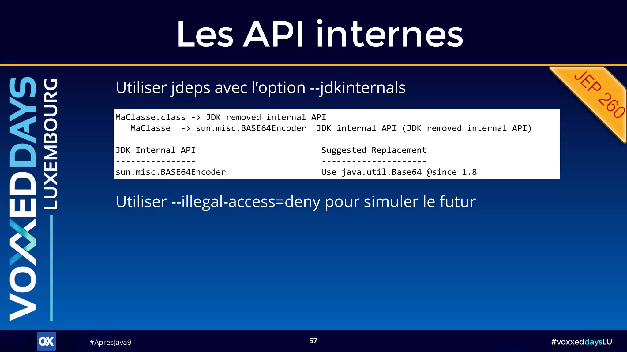 #ApresJava9#ApresJava9 #voxxeddaysLU57
Les API internes
Utiliser jdeps avec l’option --jdkinternals
MaClasse.class -> JDK removed internal API
MaClasse -> sun.misc.BASE64Encoder JDK internal API (JDK removed internal API)
JDK Internal API Suggested Replacement
---------------- ---------------------
sun.misc.BASE64Encoder Use java.util.Base64 @since 1.8
Utiliser --illegal-access=deny pour simuler le futur
 