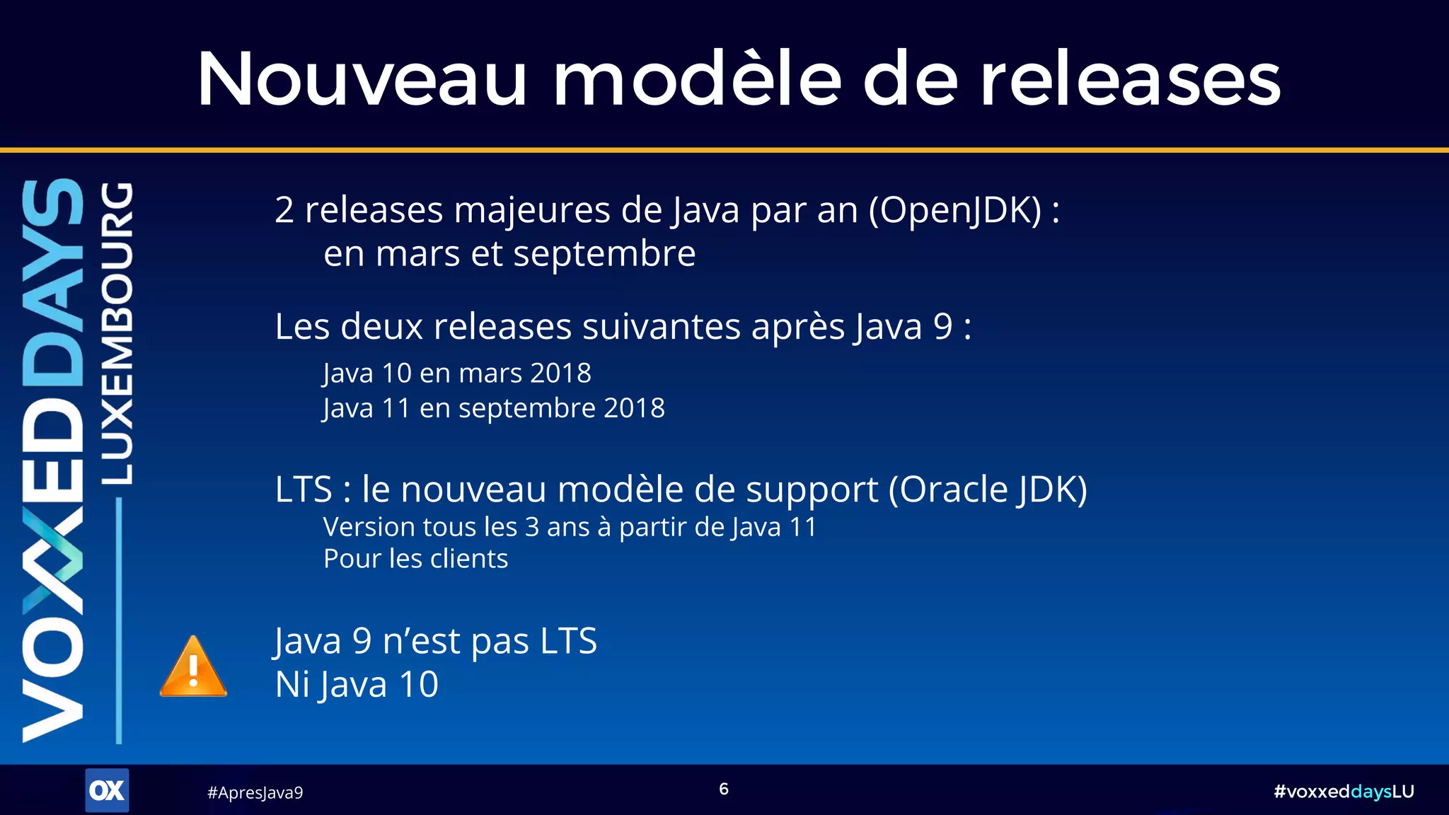 #ApresJava9#ApresJava9 #voxxeddaysLU6
Nouveau modèle de releases
LTS : le nouveau modèle de support (Oracle JDK)
Version tous les 3 ans à partir de Java 11
Pour les clients
2 releases majeures de Java par an (OpenJDK) :
en mars et septembre
Les deux releases suivantes après Java 9 :
Java 10 en mars 2018
Java 11 en septembre 2018
Java 9 n’est pas LTS
Ni Java 10
 