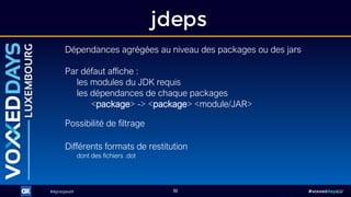 #ApresJava9#ApresJava9 #voxxeddaysLU32
jdeps
Dépendances agrégées au niveau des packages ou des jars
Possibilité de filtrage
Différents formats de restitution
dont des fichiers .dot
Par défaut affiche :
les modules du JDK requis
les dépendances de chaque packages
<package> -> <package> <module/JAR>
 