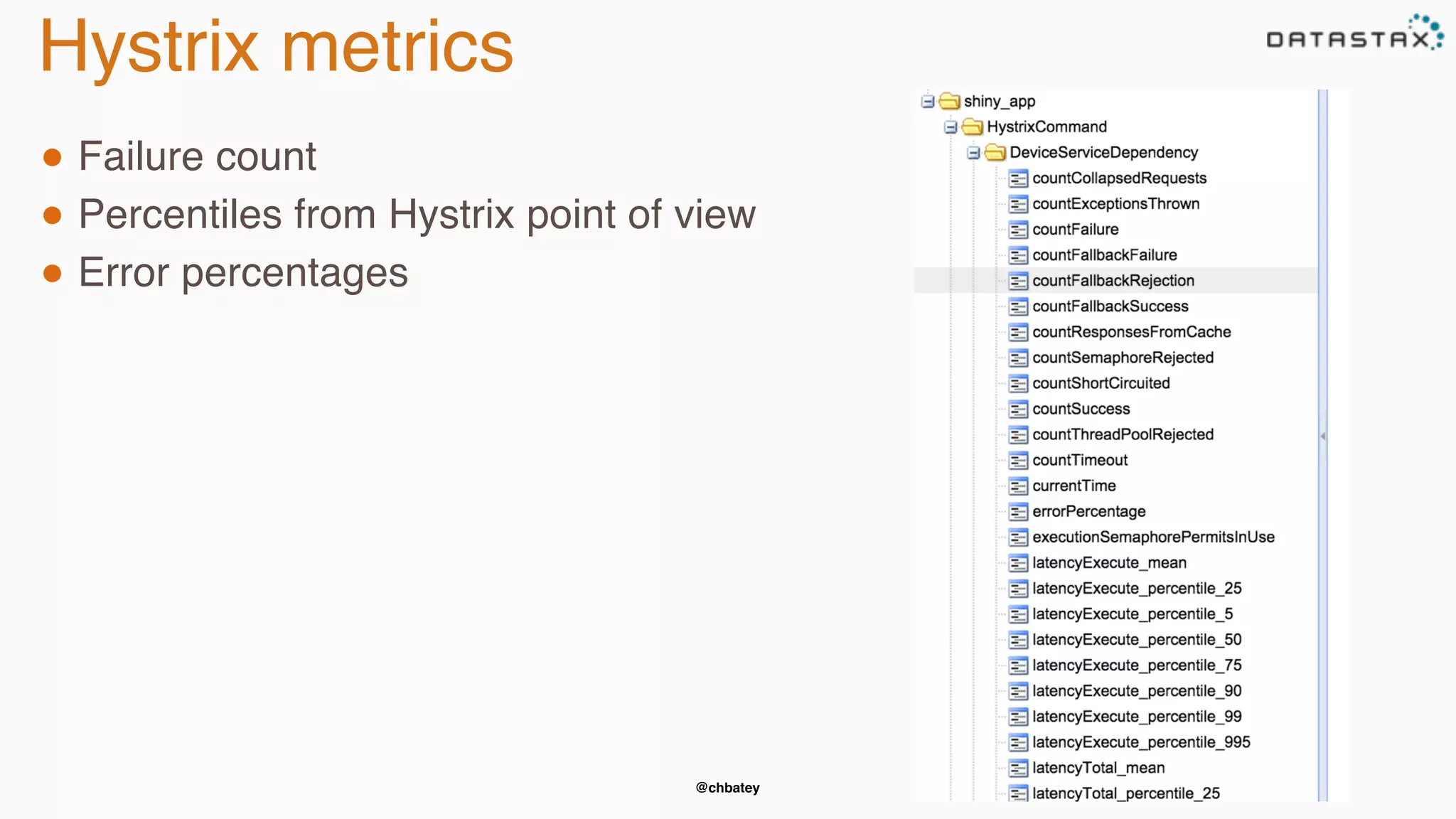 @chbatey
Hystrix metrics
● Failure count
● Percentiles from Hystrix point of view
● Error percentages
 