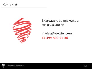 15/16VOXXTER.RU ©2012-2014
Контакты
Благодарю за внимание,
Максим Ивлев
mivlev@voxxter.com
+7-499-390-91-36
 