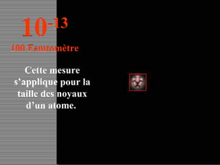 Cette mesure s’applique pour la taille des noyaux d’un atome.  10 -13 100 Femtomètre 