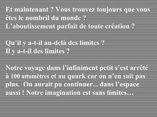 Et maintenant ? Vous trouvez toujours que vous êtes le nombril du monde ? L’aboutissement parfait de toute création ? Qu’il y a-t-il au-delà des limites ?  Il y a-t-il des limites ? Notre voyage dans l’infiniment petit s’est arrêté  à  100 attomètres  et au quark car on n’en sait pas plus.  On aurait pu continuer... dans l’espace aussi ! Notre imagination est sans limites… 