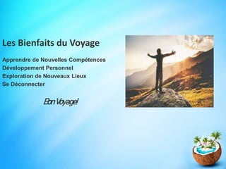Les Bienfaits du Voyage
Apprendre de Nouvelles Compétences
Développement Personnel
Exploration de Nouveaux Lieux
Se Déconn...