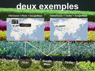 Google Maps Twitter Flickr deux exemples FlikrVision = Flickr + GoogleMaps TwitterVision = Twitter + GoogleMaps 