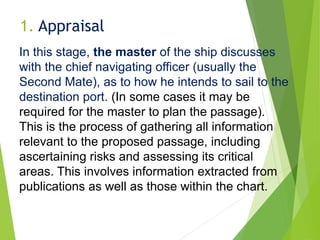 1. Appraisal
In this stage, the master of the ship discusses
with the chief navigating officer (usually the
Second Mate), as to how he intends to sail to the
destination port. (In some cases it may be
required for the master to plan the passage).
This is the process of gathering all information
relevant to the proposed passage, including
ascertaining risks and assessing its critical
areas. This involves information extracted from
publications as well as those within the chart.
 