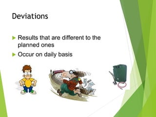 Deviations
 Results that are different to the
planned ones
 Occur on daily basis
 