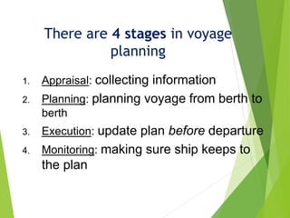 There are 4 stages in voyage
planning
1. Appraisal: collecting information
2. Planning: planning voyage from berth to
berth
3. Execution: update plan before departure
4. Monitoring: making sure ship keeps to
the plan
 