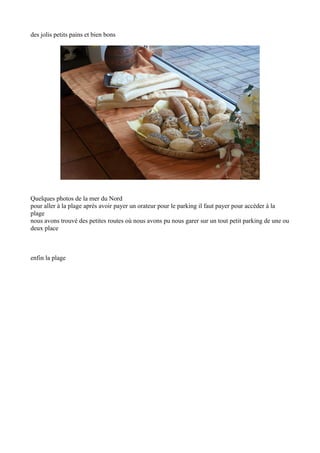 des jolis petits pains et bien bons

Quelques photos de la mer du Nord
pour aller à la plage après avoir payer un orateur pour le parking il faut payer pour accéder à la
plage
nous avons trouvé des petites routes où nous avons pu nous garer sur un tout petit parking de une ou
deux place

enfin la plage

 