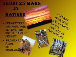 Jeudi 25 Mars  J5 Matinée Départ très tôt pour voir le lever du soleil dans le désert Promenade  à dos  de  dromadaire Départ pour Douz,  ses oasis de carte  postale et son marché. 