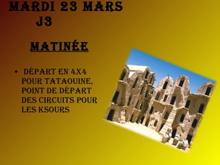 Mardi 23 Mars  J3 Matinée Départ en 4X4 pour Tataouine, point de départ des circuits pour les ksours 