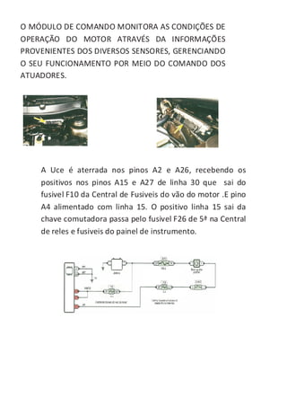 O MÓDULO DE COMANDO MONITORA AS CONDIÇÕES DE
OPERAÇÃO DO MOTOR ATRAVÉS DA INFORMAÇÕES
PROVENIENTES DOS DIVERSOS SENSORES, GERENCIANDO
O SEU FUNCIONAMENTO POR MEIO DO COMANDO DOS
ATUADORES.




    A Uce é aterrada nos pinos A2 e A26, recebendo os
    positivos nos pinos A15 e A27 de linha 30 que sai do
    fusivel F10 da Central de Fusiveis do vão do motor .E pino
    A4 alimentado com linha 15. O positivo linha 15 sai da
    chave comutadora passa pelo fusivel F26 de 5ª na Central
    de reles e fusiveis do painel de instrumento.
 