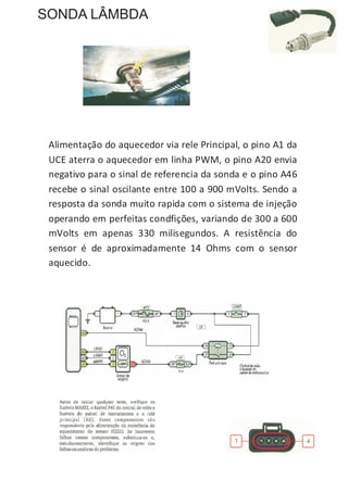 SONDA LÂMBDA




 Alimentação do aquecedor via rele Principal, o pino A1 da
 UCE aterra o aquecedor em linha PWM, o pino A20 envia
 negativo para o sinal de referencia da sonda e o pino A46
 recebe o sinal oscilante entre 100 a 900 mVolts. Sendo a
 resposta da sonda muito rapida com o sistema de injeção
 operando em perfeitas condfições, variando de 300 a 600
 mVolts em apenas 330 milisegundos. A resistência do
 sensor é de aproximadamente 14 Ohms com o sensor
 aquecido.
 