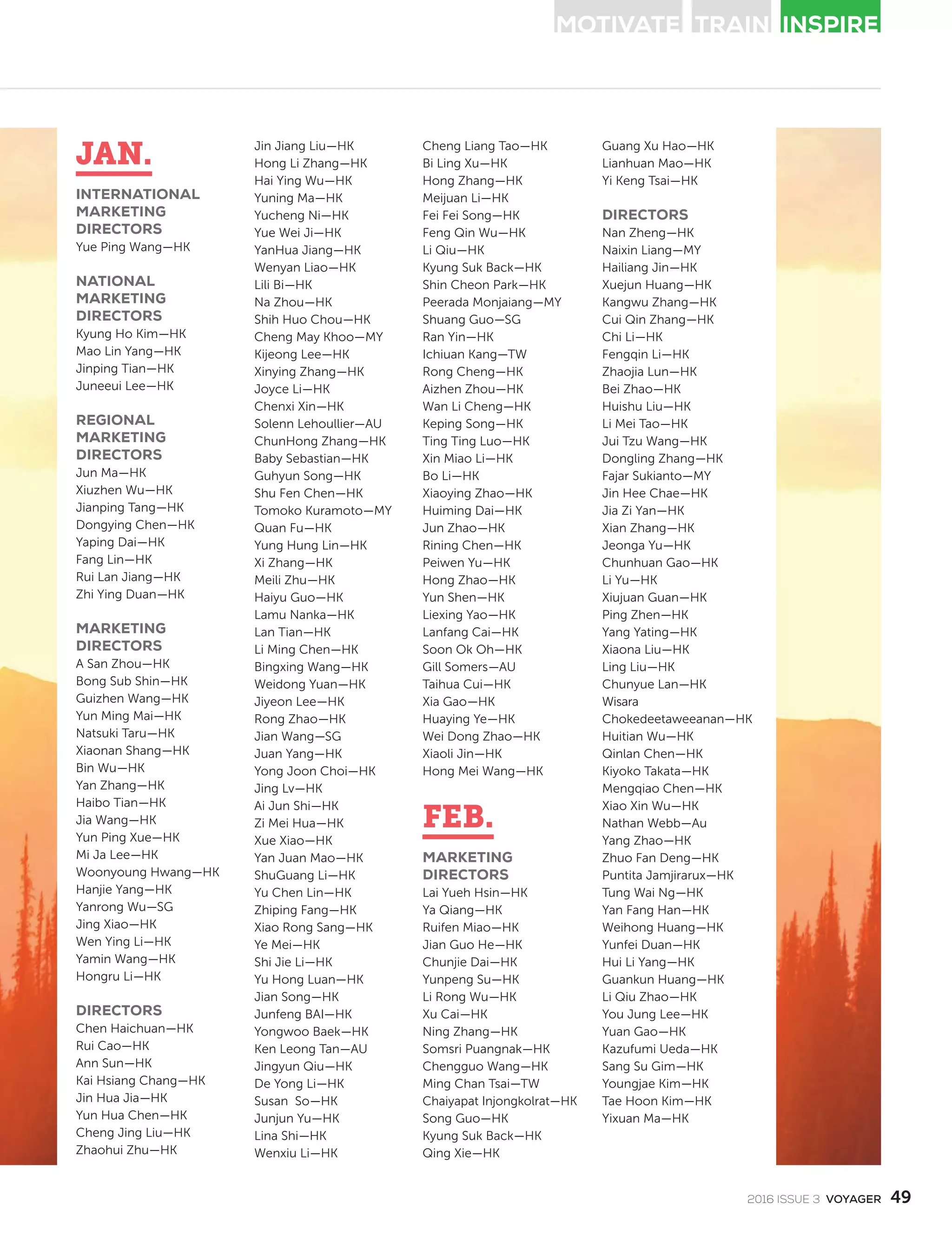JAN.
INTERNATIONAL
MARKETING
DIRECTORS
Yue Ping Wang—HK
NATIONAL
MARKETING
DIRECTORS
Kyung Ho Kim—HK
Mao Lin Yang—HK
Jinping Tian—HK
Juneeui Lee—HK
REGIONAL
MARKETING
DIRECTORS
Jun Ma—HK
Xiuzhen Wu—HK
Jianping Tang—HK
Dongying Chen—HK
Yaping Dai—HK
Fang Lin—HK
Rui Lan Jiang—HK
Zhi Ying Duan—HK
MARKETING
DIRECTORS
A San Zhou—HK
Bong Sub Shin—HK
Guizhen Wang—HK
Yun Ming Mai—HK
Natsuki Taru—HK
Xiaonan Shang—HK
Bin Wu—HK
Yan Zhang—HK
Haibo Tian—HK
Jia Wang—HK
Yun Ping Xue—HK
Mi Ja Lee—HK
Woonyoung Hwang—HK
Hanjie Yang—HK
Yanrong Wu—SG
Jing Xiao—HK
Wen Ying Li—HK
Yamin Wang—HK
Hongru Li—HK
DIRECTORS
Chen Haichuan—HK
Rui Cao—HK
Ann Sun—HK
Kai Hsiang Chang—HK
Jin Hua Jia—HK
Yun Hua Chen—HK
Cheng Jing Liu—HK
Zhaohui Zhu—HK
Jin Jiang Liu—HK
Hong Li Zhang—HK
Hai Ying Wu—HK
Yuning Ma—HK
Yucheng Ni—HK
Yue Wei Ji—HK
YanHua Jiang—HK
Wenyan Liao—HK
Lili Bi—HK
Na Zhou—HK
Shih Huo Chou—HK
Cheng May Khoo—MY
Kijeong Lee—HK
Xinying Zhang—HK
Joyce Li—HK
Chenxi Xin—HK
Solenn Lehoullier—AU
ChunHong Zhang—HK
Baby Sebastian—HK
Guhyun Song—HK
Shu Fen Chen—HK
Tomoko Kuramoto—MY
Quan Fu—HK
Yung Hung Lin—HK
Xi Zhang—HK
Meili Zhu—HK
Haiyu Guo—HK
Lamu Nanka—HK
Lan Tian—HK
Li Ming Chen—HK
Bingxing Wang—HK
Weidong Yuan—HK
Jiyeon Lee—HK
Rong Zhao—HK
Jian Wang—SG
Juan Yang—HK
Yong Joon Choi—HK
Jing Lv—HK
Ai Jun Shi—HK
Zi Mei Hua—HK
Xue Xiao—HK
Yan Juan Mao—HK
ShuGuang Li—HK
Yu Chen Lin—HK
Zhiping Fang—HK
Xiao Rong Sang—HK
Ye Mei—HK
Shi Jie Li—HK
Yu Hong Luan—HK
Jian Song—HK
Junfeng BAI—HK
Yongwoo Baek—HK
Ken Leong Tan—AU
Jingyun Qiu—HK
De Yong Li—HK
Susan So—HK
Junjun Yu—HK
Lina Shi—HK
Wenxiu Li—HK
Cheng Liang Tao—HK
Bi Ling Xu—HK
Hong Zhang—HK
Meijuan Li—HK
Fei Fei Song—HK
Feng Qin Wu—HK
Li Qiu—HK
Kyung Suk Back—HK
Shin Cheon Park—HK
Peerada Monjaiang—MY
Shuang Guo—SG
Ran Yin—HK
Ichiuan Kang—TW
Rong Cheng—HK
Aizhen Zhou—HK
Wan Li Cheng—HK
Keping Song—HK
Ting Ting Luo—HK
Xin Miao Li—HK
Bo Li—HK
Xiaoying Zhao—HK
Huiming Dai—HK
Jun Zhao—HK
Rining Chen—HK
Peiwen Yu—HK
Hong Zhao—HK
Yun Shen—HK
Liexing Yao—HK
Lanfang Cai—HK
Soon Ok Oh—HK
Gill Somers—AU
Taihua Cui—HK
Xia Gao—HK
Huaying Ye—HK
Wei Dong Zhao—HK
Xiaoli Jin—HK
Hong Mei Wang—HK
FEB.
MARKETING
DIRECTORS
Lai Yueh Hsin—HK
Ya Qiang—HK
Ruifen Miao—HK
Jian Guo He—HK
Chunjie Dai—HK
Yunpeng Su—HK
Li Rong Wu—HK
Xu Cai—HK
Ning Zhang—HK
Somsri Puangnak—HK
Chengguo Wang—HK
Ming Chan Tsai—TW
Chaiyapat Injongkolrat—HK
Song Guo—HK
Kyung Suk Back—HK
Qing Xie—HK
Guang Xu Hao—HK
Lianhuan Mao—HK
Yi Keng Tsai—HK
DIRECTORS
Nan Zheng—HK
Naixin Liang—MY
Hailiang Jin—HK
Xuejun Huang—HK
Kangwu Zhang—HK
Cui Qin Zhang—HK
Chi Li—HK
Fengqin Li—HK
Zhaojia Lun—HK
Bei Zhao—HK
Huishu Liu—HK
Li Mei Tao—HK
Jui Tzu Wang—HK
Dongling Zhang—HK
Fajar Sukianto—MY
Jin Hee Chae—HK
Jia Zi Yan—HK
Xian Zhang—HK
Jeonga Yu—HK
Chunhuan Gao—HK
Li Yu—HK
Xiujuan Guan—HK
Ping Zhen—HK
Yang Yating—HK
Xiaona Liu—HK
Ling Liu—HK
Chunyue Lan—HK
Wisara
Chokedeetaweeanan—HK
Huitian Wu—HK
Qinlan Chen—HK
Kiyoko Takata—HK
Mengqiao Chen—HK
Xiao Xin Wu—HK
Nathan Webb—Au
Yang Zhao—HK
Zhuo Fan Deng—HK
Puntita Jamjirarux—HK
Tung Wai Ng—HK
Yan Fang Han—HK
Weihong Huang—HK
Yunfei Duan—HK
Hui Li Yang—HK
Guankun Huang—HK
Li Qiu Zhao—HK
You Jung Lee—HK
Yuan Gao—HK
Kazufumi Ueda—HK
Sang Su Gim—HK
Youngjae Kim—HK
Tae Hoon Kim—HK
Yixuan Ma—HK
492016 ISSUE 3 VOYAGER
 