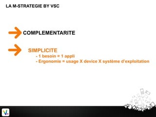 LA M-STRATEGIE BY VSC
SIMPLICITE
- 1 besoin = 1 appli
- Ergonomie = usage X device X système d’exploitation
COMPLEMENTARITE
 
